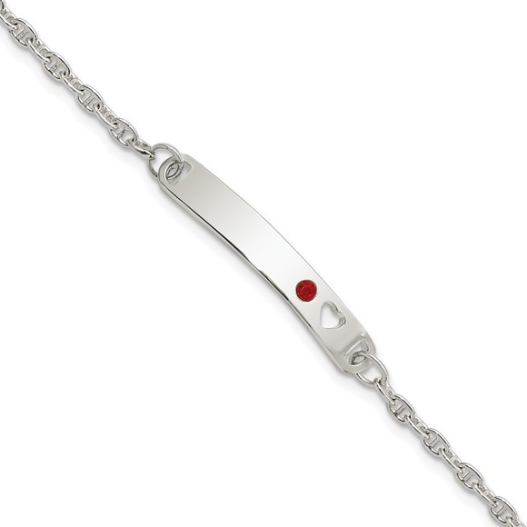 925 Sterling Silver Polished Childrens ID with Red CZ Heart Bracelet, 5.5 Length - Picture 1 of 4